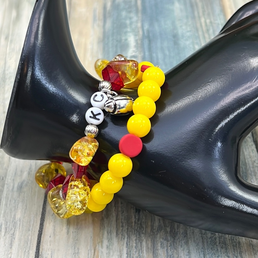 ⭐️Adorned Crown Kansas City Chiefs KC football red gold stretch bracelet set F